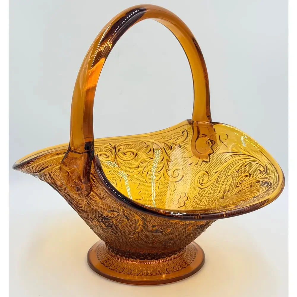 Brockway Indiana Glass Large Tiara Amber Sandwich Handled Basket Signed J.T.